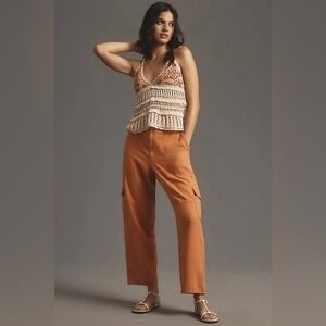 PILCRO Rust Orange Linen Blend Cargo Elastic Waist Pants Boho Utility Size 27